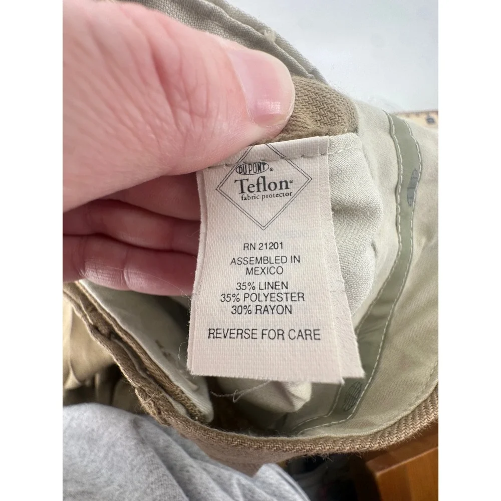 Mens Pleated Linen Blend Dress Pants Khaki Tan Cuffed Trousers 38x30 Teflon